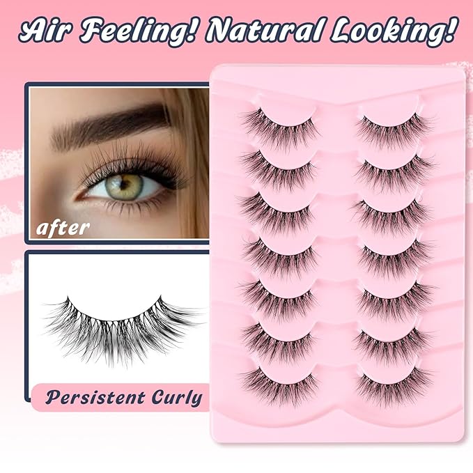 Natural Cat Eye Lashes Wispy Eyelashes 14mm Lightweight False Eyelashes 3D Volume Natural Lashes 0.1mm Thin Cotton Band Lash Strips Pack C Curl Soft Eyelash 7 Pairs Siligli