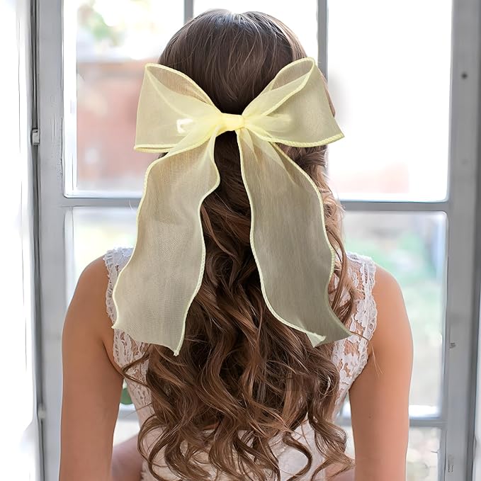 SmallCat 2Pcs Large Hair Bow Clips, Yellow Silk Lace Ribbon Bow for Women, Elegant Long Tail Bowknot French Hair Styling Barrette for Wedding, Parties, Daily Use