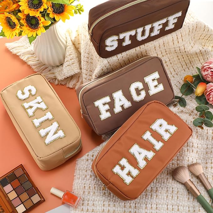 Remerry 4 Pcs Nylon Makeup Bags Waterproof Spacious Travel Cosmetic Bag for Women Chenille Letter Preppy Zipper Pouch Face Stuff Skin Hair Organizer Gift(Brown Series)