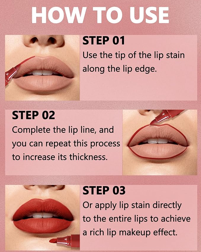 Lip Tint Stain Pen, Red Brown Waterproof Long Lasting Matte Lip Liner Stain