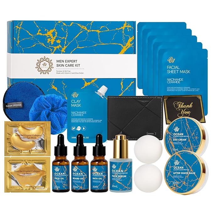 21 Pcs Men Facial Skin Care Set, Father's Day Gifts, Bath & Beard Gift Set for Men, Home Spa & Self-Care Gift Basket Set, Clay Mask, Birthday, Christmas, Valentines, Boyfriend, Anniversary, Dad