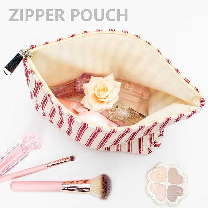 Flat Makeup Bag for Women,Zipper Cosmetic Pouch Purse,Vintage Stripe Red