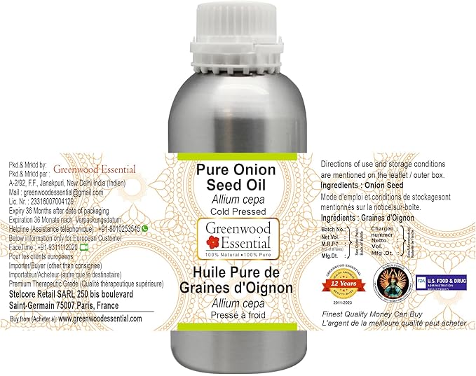 Greenwood Essential Onion Seed Oil (Allium cepa) | Cold Pressed | Natural | Undiluted | For Diluting Essential Oils | For Hair, Skin & Massage | Men & Women | 300ml (10 oz)