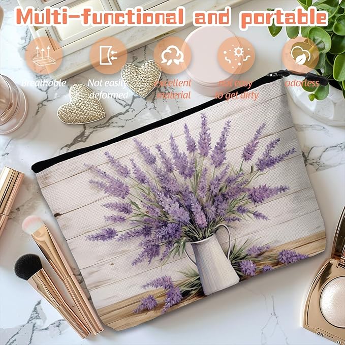 Scribesense Cosmetic Bags Travel Makeup Toilet Case Waterproof Pouch for Women Girls 6.7X9.45inches - Lavender in A White Pitcher on A White - Wood Background