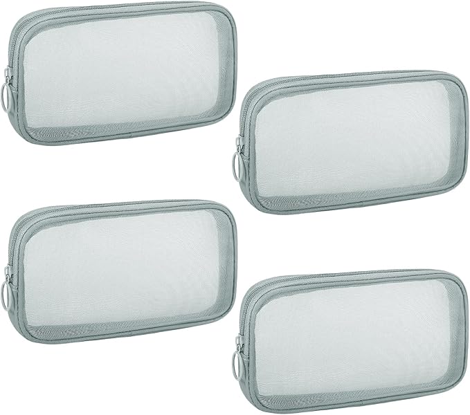 Sinzip 4 Pieces Mini Zipper Nylon Mesh Pouch, Mesh Cosmetic Bags Makeup Bags, Multipurpose Travel Toiletry Bags for Office Supplies and Travel Accessories (Grey, M)