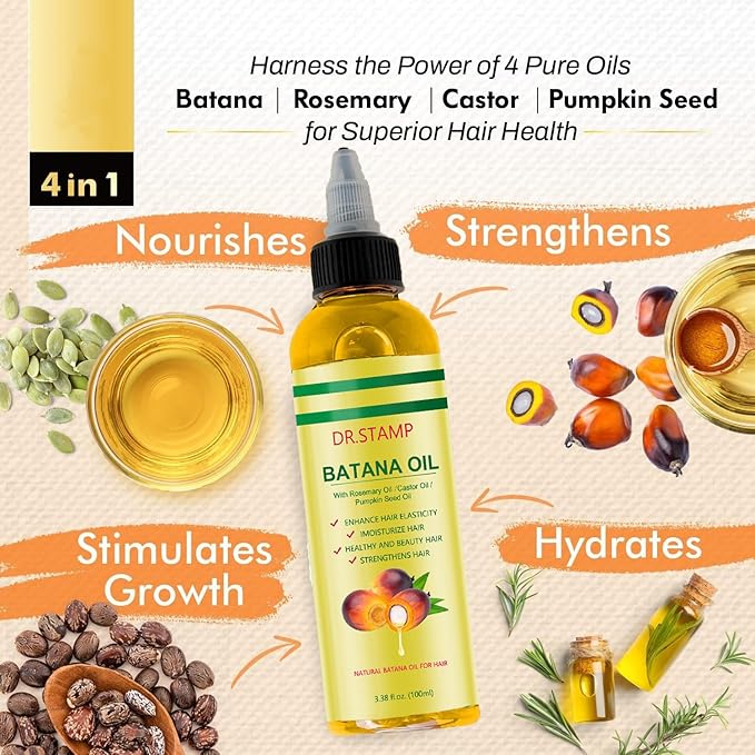 Dr.stamp Batana Oil for Hair Growth & Scalp Care – 4-in-1 Liquid Batana Oil with Rosemary, Castor & Pumpkin Seed Oil – Strengthens, Moisturizes & Revitalizes Dry, Damaged Hair (1 Pack)