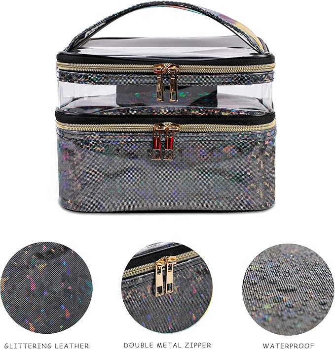 imerelez Double-layer Makeup Bag Cosmetic Bag Travel Makeup Cases Organizer Toiletry Bag Gift for Women, Portable Waterproof (Black)