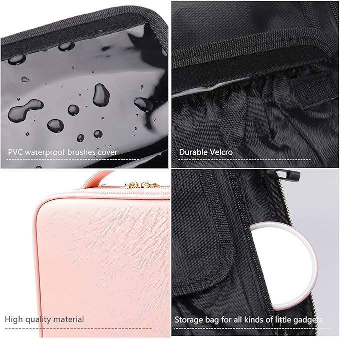 Bvser Travel Makeup Case, PU Leather Portable Organizer Makeup Train Case Makeup Bag Cosmetic Case with Adjustable Dividers for Cosmetics Makeup Brushes Women (Pink)