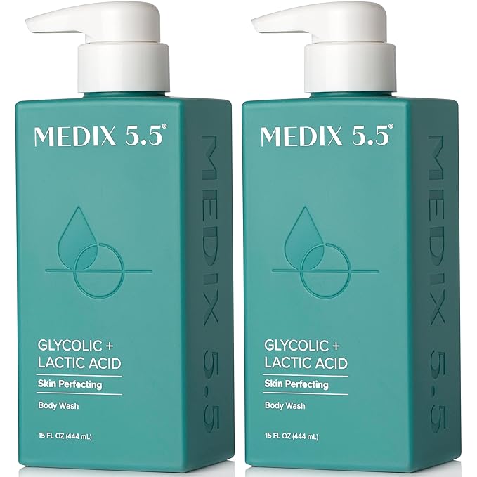 MEDIX 5.5 Glycolic Acid + Lactic Acid Exfoliating Body Wash Gel | KP Bump Eraser | AHA Exfoliant Skin Care Body Cleanser | Keratosis Pilaris & Acne | Anti Aging AHA Foaming Body & Face Wash, 2-Pack