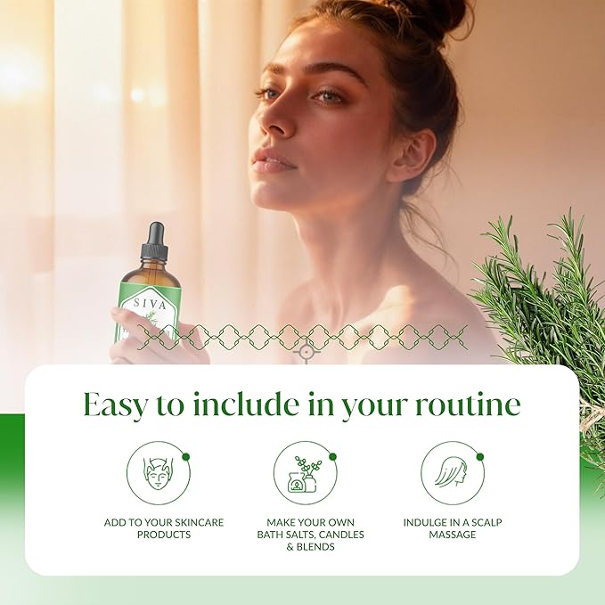 Siva Rosemary Essential Oil 4 Fl Oz – for Diffuser, Skin & Hair Care – Ideal for Massage & DIY Blends- with Dropper