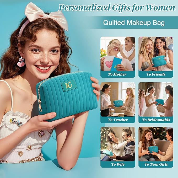 Monogrammed Make Up Bags for Women,Personalized Cosmetic Bags Women,Small Quilted Makeup Pouch,Cute Makeup Bag Travel,Birthday Gifts for Teen Girl (Blue G)