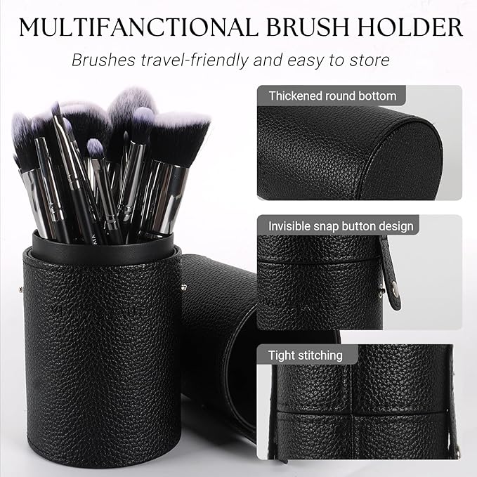 VIVID BEAUTY 18 Pcs Pro Deluxe Makeup Brushes with Travel Case, Premium Powder Foundation Blending Concealer Blush Eyeshadow Face and Eye Make up Brush kit with labels for Beginner(Black)