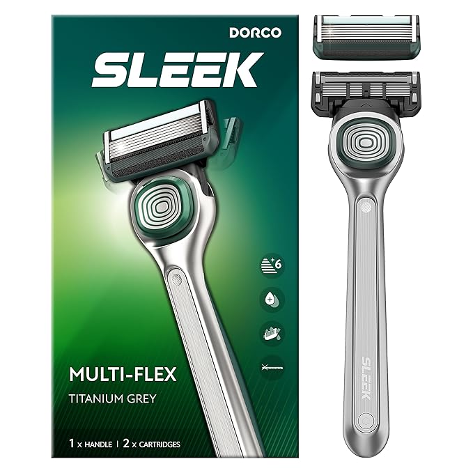 DORCO SLEEK 6 Blade Razor for Men with Multi-Flex Technology for a Smooth & Comfortable Shave | Cartridge Razor for Men, Razor Handle + 2 Cartridges