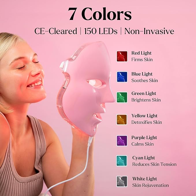 VogueNow LED Face Mask Light Therapy Premium Spa Kit (4 Pcs) - With Ultrasonic Scrubber, Sonic Brush & Green Tea Serum - 7 Colors (Blue & Red) Light Therapy Mask (Light Pink)
