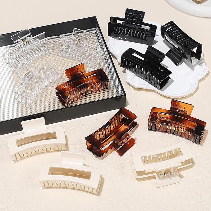 Sisiaipu 3.5 Inch Medium Square Claw Hair Clips, 12 Pcs Transparent, Amber, Glossy Black for Thick and Thin Hair - Hair Accessories for Women and Girls