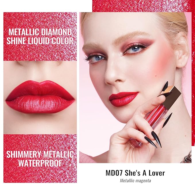 Oulac Red Lipsticks for Women Metallic Lipstick, Long Lasting Lip Gloss Waterproof, Glitter Lipstick, High Impact Lip Color, Transferproof, Vegan & Cruelty-Free Makeup MD07