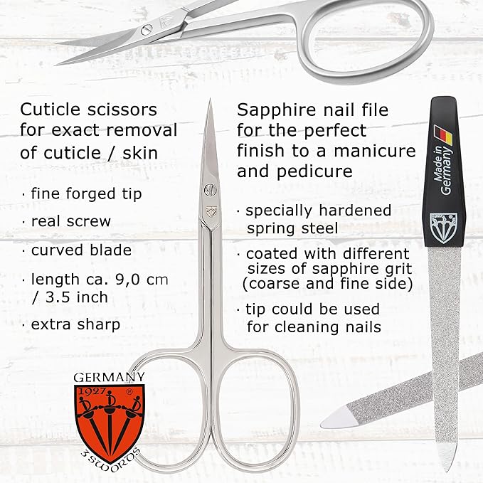 3 Swords Germany - Brand Quality 6 Piece Manicure Pedicure Grooming kit Set - Scissors, Metal and Glass Nail File, Clipper, Tweezers with Synthetic Leather case - Black