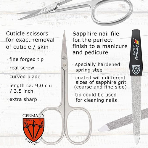 3 Swords Germany - Brand Quality 6 piece Manicure Pedicure Grooming kit Set - Scissors, Metal and Glass Nail File, Clipper, Tweezers with Synthetic Leather case - Black