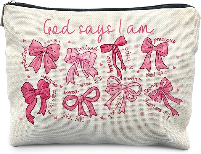 Likjad God Says I Am Pink Christian Makeup Bag, Coquette Pink Bow Preppy Cosmetic Bags for Women, Christian Gifts for Women, Faith Based Gifts, Coquette Preppy Bowknot Stuff Zipper Makeup Pouch