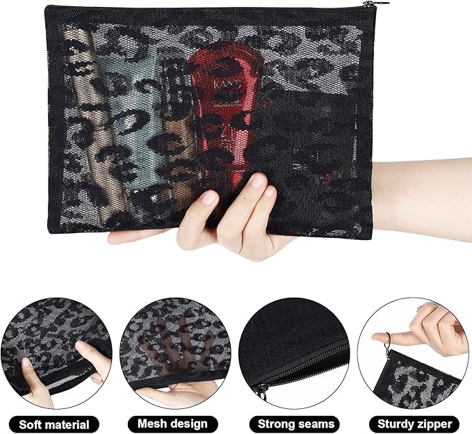 Sinzip 12 Pieces Zipper Nylon Mesh Pouch, Mesh Cosmetic Bags Makeup Bags Pencil Case, Multipurpose Travel Bags for Cosmetic School Office Supplies and Travel Accessories (Black Lace, Assorted Sizes)