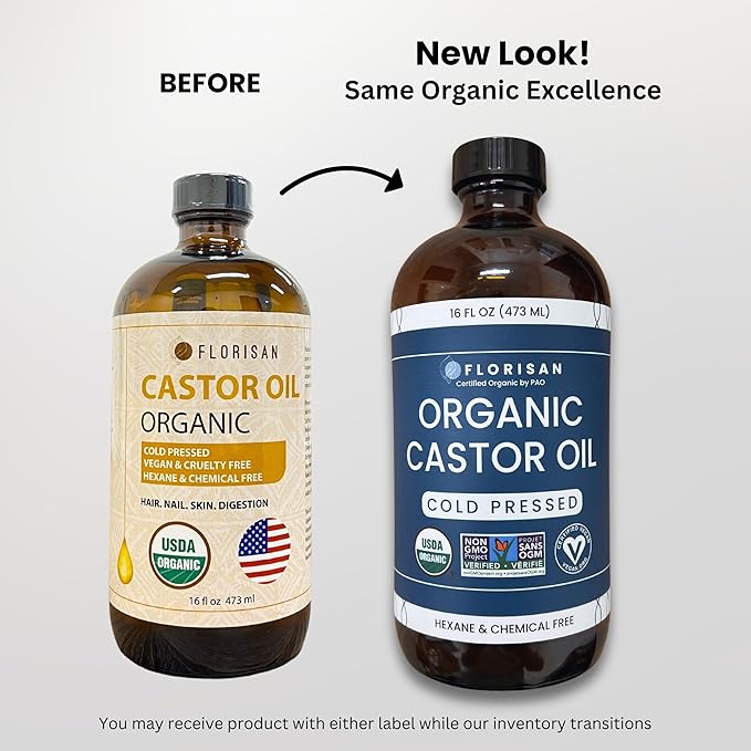 Florisan USDA Certified Organic Castor Oil 16oz Glass Bottle, Cold Pressed, Hexane-Free, Non-GMO, Vegan, 100% Pure Castor Oil for Hair Growth, Skin, Lashes, Eyebrows, EWG Verified