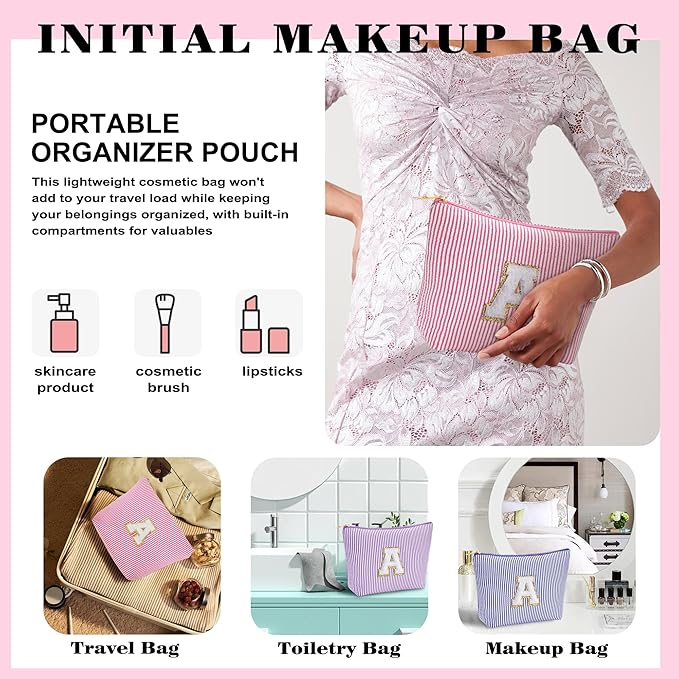 Beach Bags for Women Girl - Summer Beach Toiletry Makeup Bag, Travel Gifts for Her, Summer Makeup Pouch for Women Girls Birthday Gifts for Womens Girls - Pink Initial K