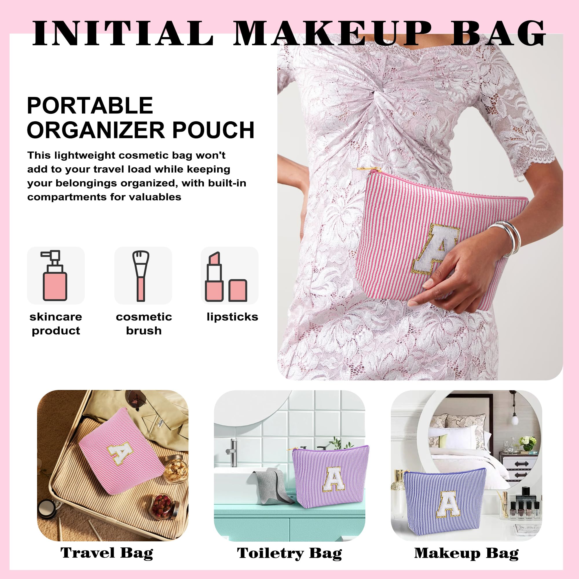 Fohufo Birthday Gifts for Women - Initial Makeup Bag Set, Portable Makeup Pouch Cosmetic Bag with Zipper, Travel Essentials Toiletry Bag Travel Gifts for Women, Pink Letter B