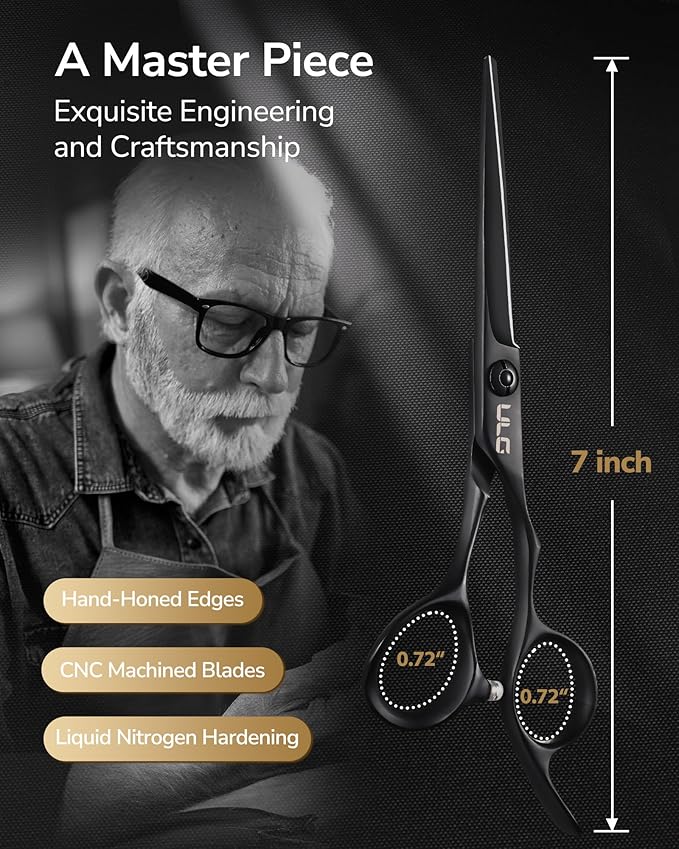 ULG Professional Hair Cutting Scissors 6.5 Inch – Japanese Stainless Steel Barber Shears for Salon & Home Haircut, Ergonomic Offset Handles with Silencer, Hand-Honed Sharp Blades, Matte Black