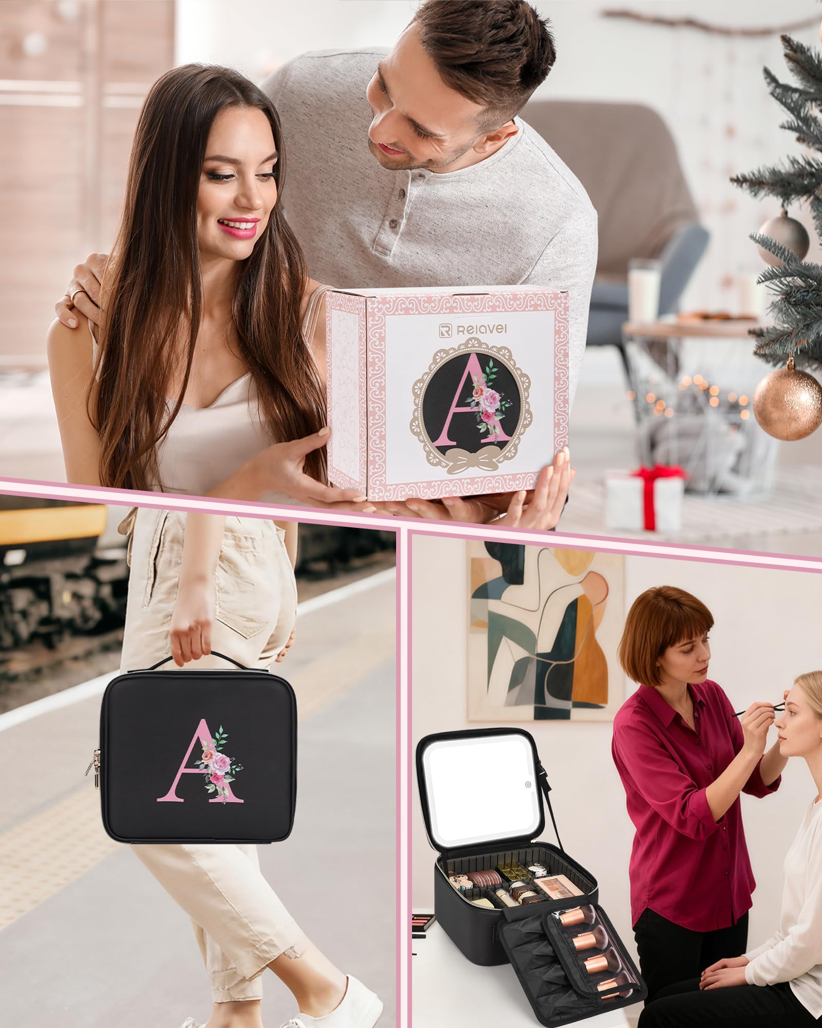 Relavel Initial Makeup Bag with LED Mirror for Women Girls, Personalized Travel Cosmetic Organizer Train Case, Birthday Gifts for Grandkids Bridesmaid Graduation Teacher Friends, Trendy Stuff, Black E