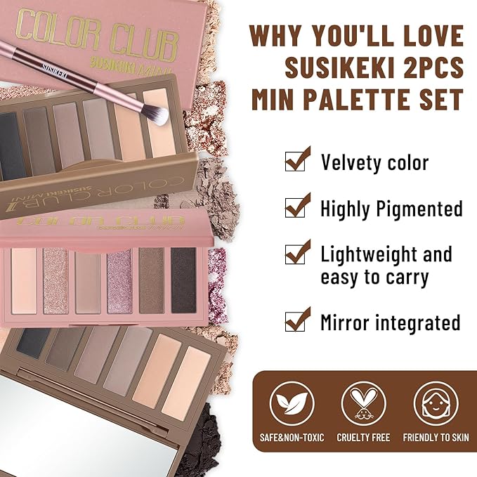SUSIKEKI 2PCS Neutral Nude Matte Shimmer Eyeshadow Palette - 6 Colors Mini Travel Size, Highly Pigmented Brown & Pink Eye shadow, Long Lasting Vegan Makeup Palette with Brush Set for Daily Use