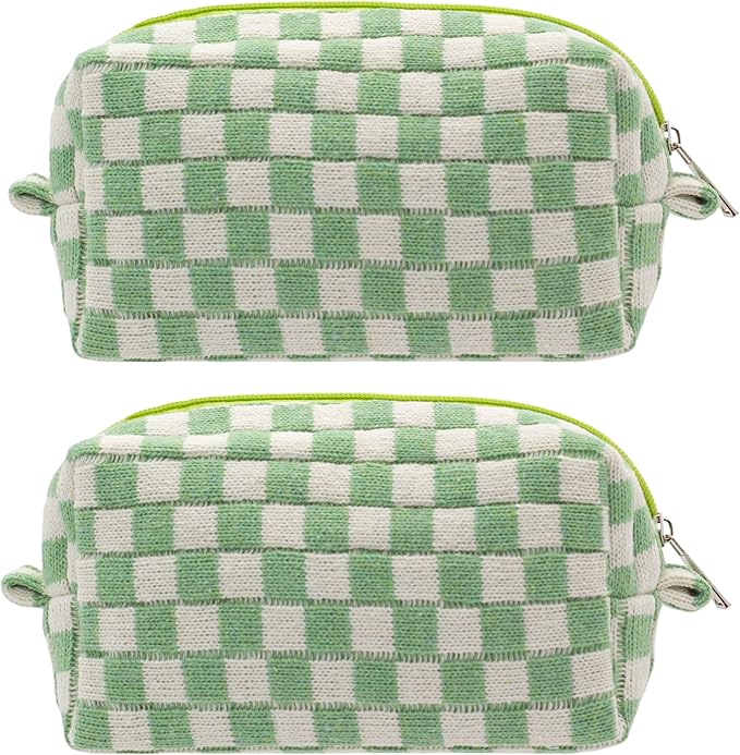 Checkered Makeup Bag for Purse, Small Cosmetic Pouch,Light Green,2 Pack