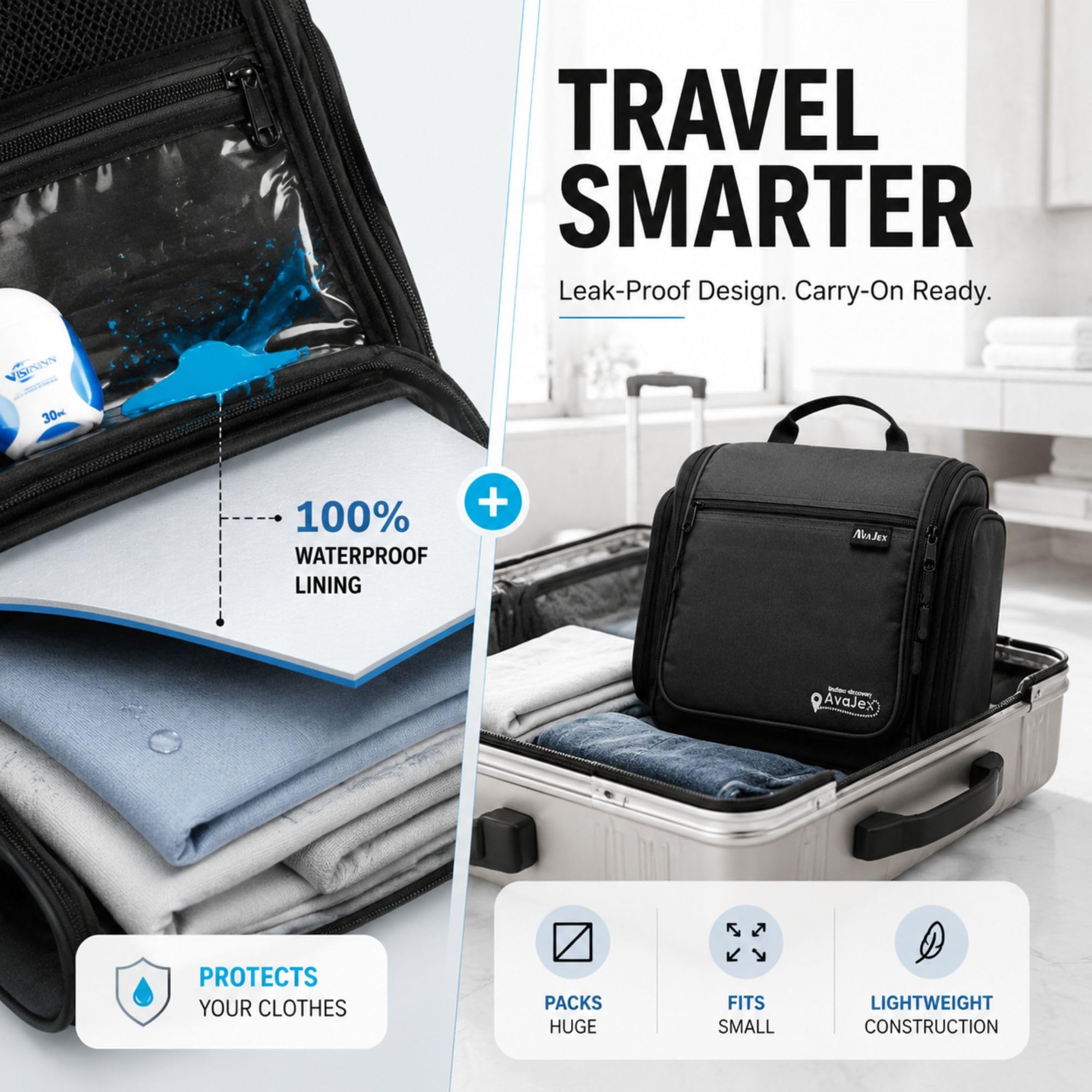 AvaJex Travel Toiletry Bag for Men - Large Dopp Kit (10.6"x10.6"x3.2") - Hanging Waterproof Mens Hygiene Organizer Bag with XXL Metal Swivel Hook, Sturdy Zippers and 19 Compartments for Toiletries