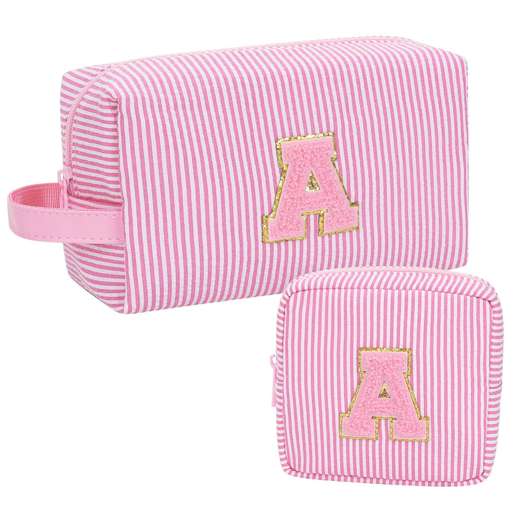 MONSTINA Easter Basket Gifts for Teens,Initial Makeup Bag,Monogram Pouch Personalized Cosmetic Bag for Girls&Women,Cute Letter Make Up Bag, Pink A