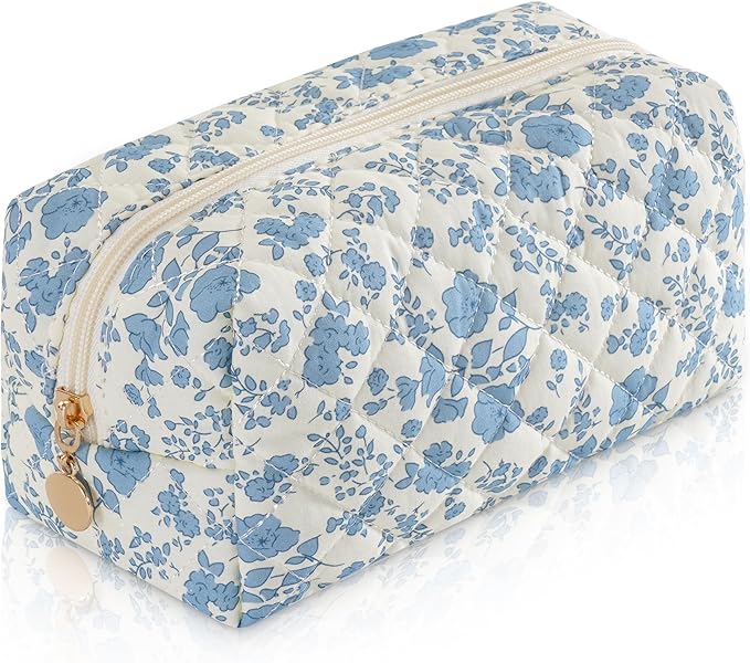 UUYUUY Makeup Bag Travel Toiletry Bag for Women, Small Cosmetic Bags Cute Quilted Cotton Makeup Pouch for Purse Emergency Bag Pencil Case Accessory Bag, Blue