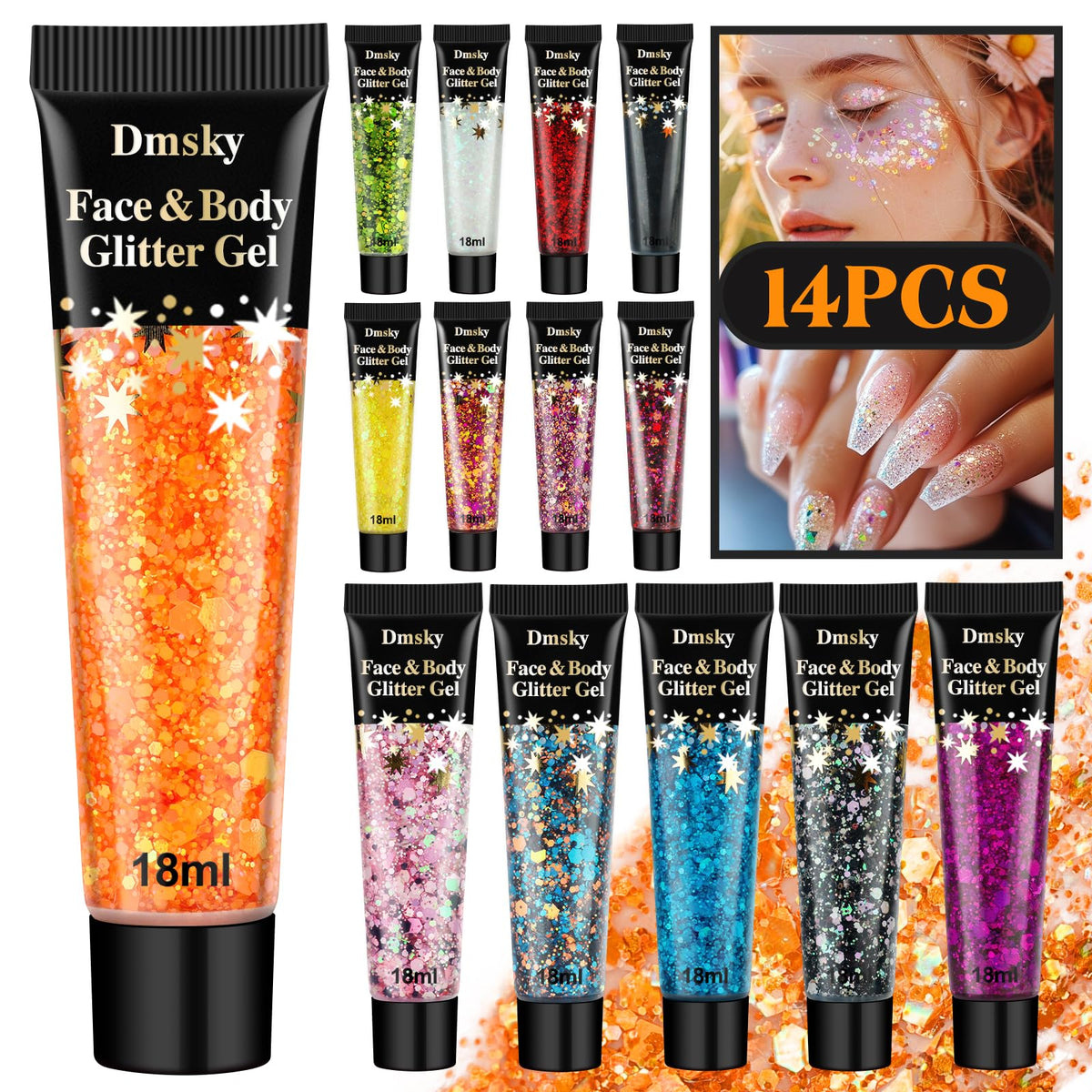 14 Colors Body Glitter,Face Glitter Makeup for Kids Women,Sparkly Chunky Hair Glitter for Eye Lip Nails,Mardi Gras Glitter Makeup Face Paint,Singer Concerts Disco Rave Festival Accessories