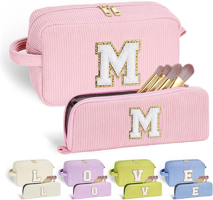 YOOLIFE Personalized Makeup Bag - Initial Pink Travel Makeup Bags | Teen Girls Gifts | 8 9 10 11 12 13 14 15 Year Old Girl Birthday Gift, Friend Birthday Bridesmaid Wedding Gifts for Women Pink M