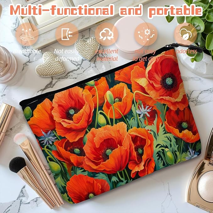 Scribesense Cosmetic Bags Travel Makeup Toilet Case Waterproof Pouch for Women Girls 6.7X9.45inches - Vibrant Orange Poppies With Greenery