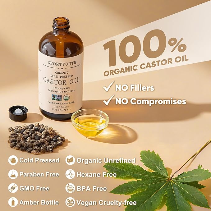SPORTYOUTH USDA Organic Castor Oil Cold Pressed Hexane Free Glass Bottle