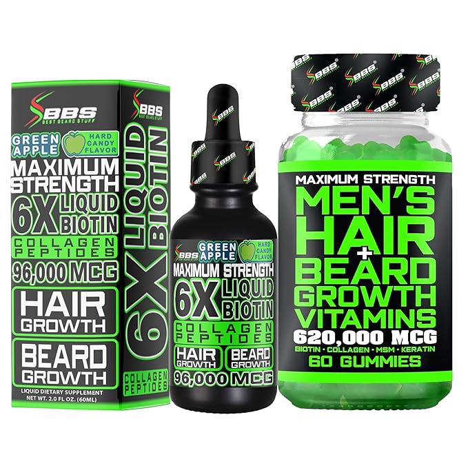 Biotin Gummies 620,000mcg + Liquid Biotin Drops with Collagen Peptides – Men's Beard Growth Kit for Thicker Fuller Beard – Beard & Hair Growth Vitamins with MSM, Keratin, Bamboo & Zinc