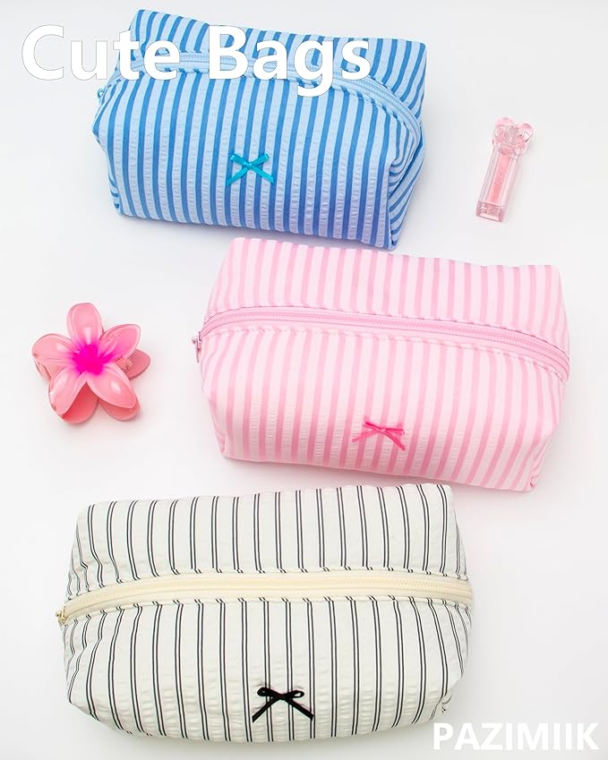 Cozy Makeup Bag for Women,Zipper Cosmetic Pouch,Stripe Cute Pink,6 Pack