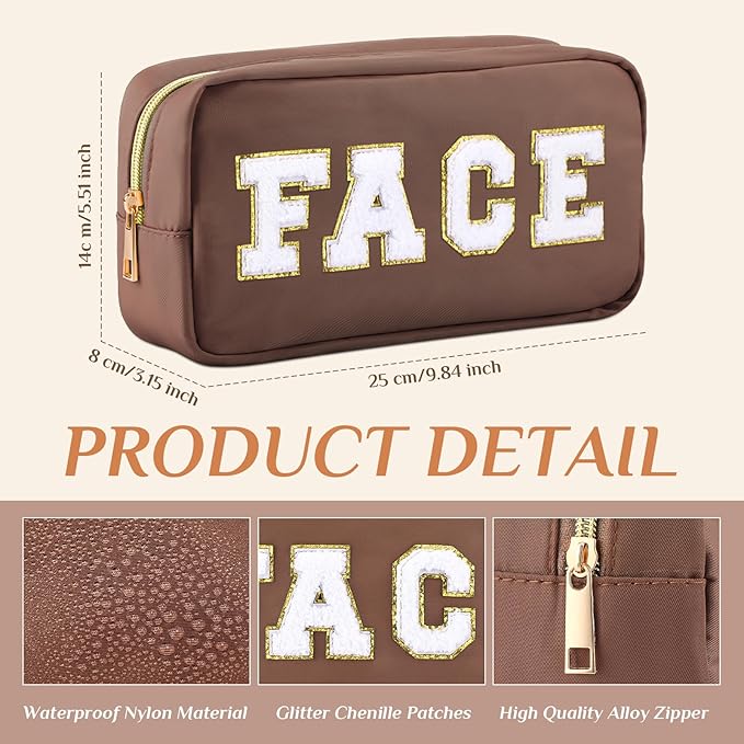 Remerry 4 Pcs Nylon Makeup Bags Waterproof Spacious Travel Cosmetic Bag for Women Chenille Letter Preppy Zipper Pouch Face Stuff Skin Hair Organizer Gift(Brown Series)