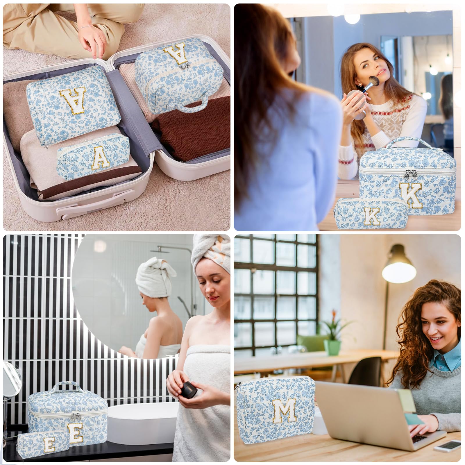 Junesters Initial Makeup Bag Set, Personalized Quilted Makeup Bag, Large Floral Cosmetic Bag for Women, Cute Cotton Custom Make up Bags, Flower Travel Toiletry Bag Teen Girl Gift Blue Flower K