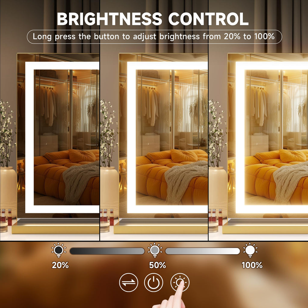 Hasipu Vanity Mirror with Lights, 40" x 30" LED Makeup Mirror, Lighted Makeup Mirror with Dimmable 3 Modes, Touch Screen Control Vanity Mirror Square Gold