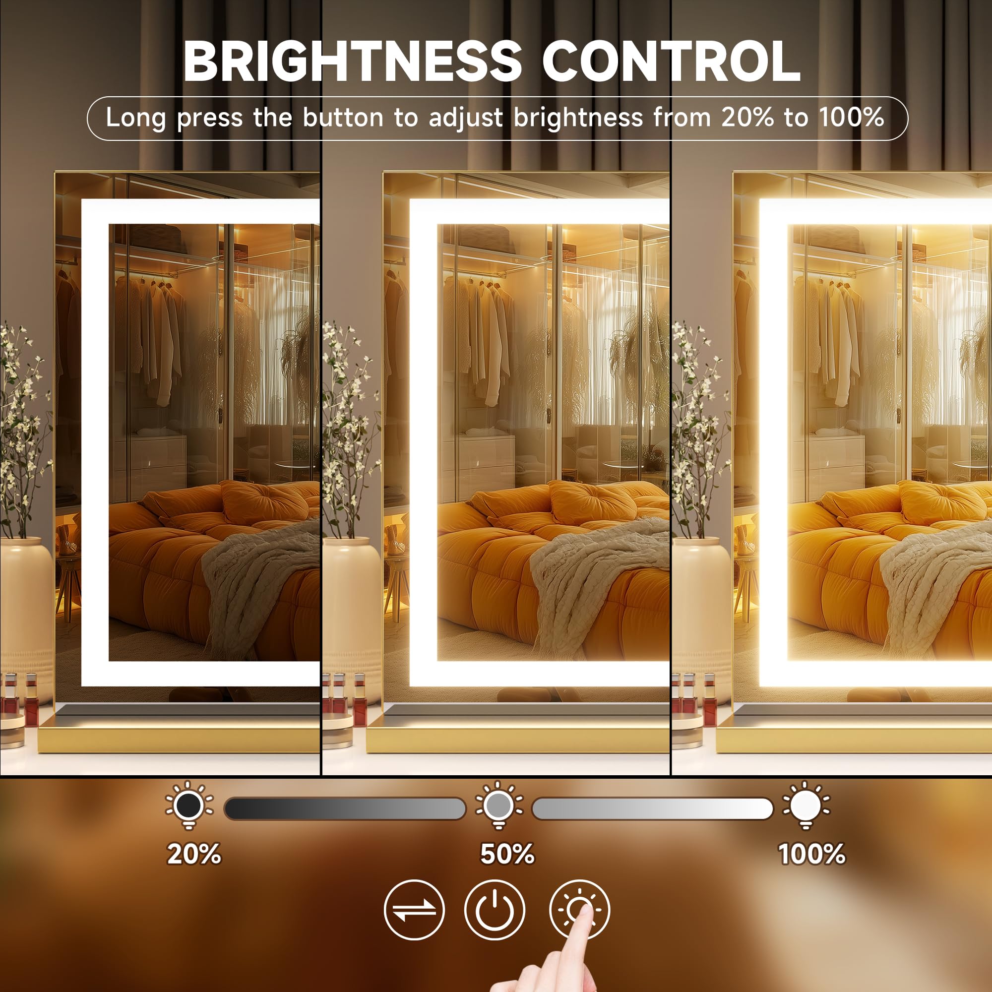 Hasipu Vanity Mirror with Lights, 40" x 30" LED Makeup Mirror, Lighted Makeup Mirror with Dimmable 3 Modes, Touch Screen Control Vanity Mirror Square Gold