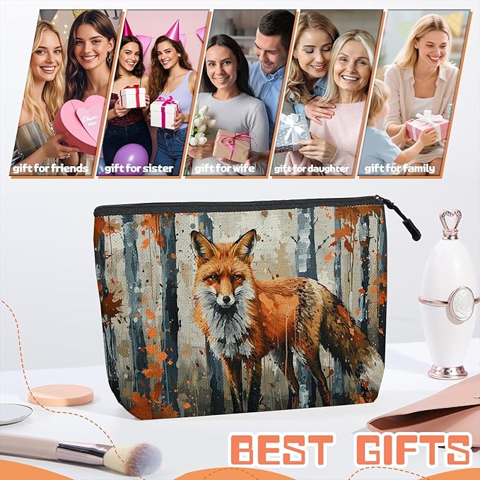 Scribesense Cosmetic Bags Travel Makeup Toilet Case Waterproof Pouch for Women Girls 6.7X9.45inches - Red Fox Gazing Intently in An Autumn Wilderness