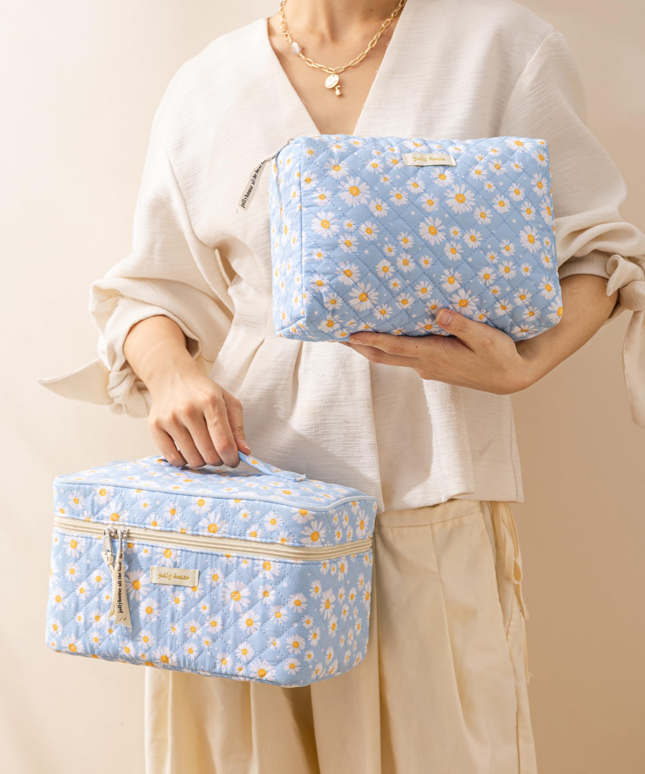 HBselect Quilted Makeup Bag, 3Pcs Cotton Large Travel Makeup Bags Organizer