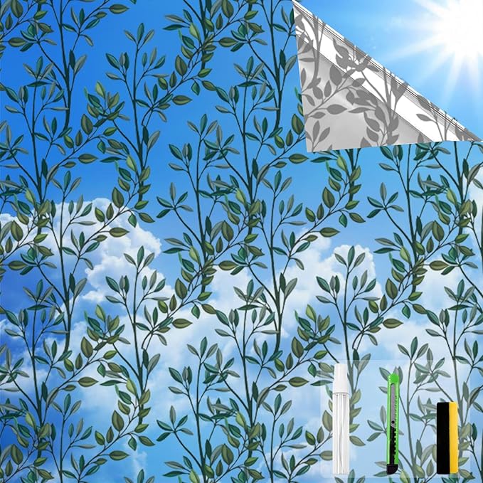 One Way Privacy Film, Window Tint for Home,Daytime Reflective, Anti UV Static Cling Sliding Door Coverings No Glue Garage Solar Paper (Silver-Leaves, 35.4X 78.7 in)
