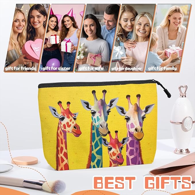 Scribesense Cosmetic Bags Travel Makeup Toilet Case Waterproof Pouch for Women Girls 6.7X9.45inches - Colorful Giraffes Against A Yellow Background