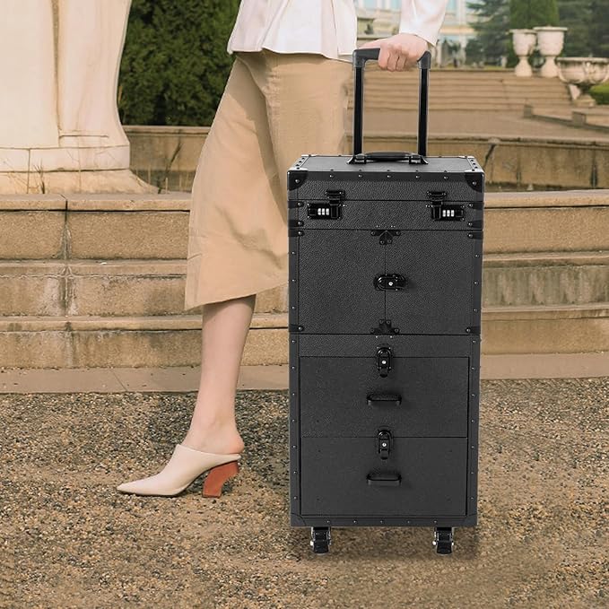 REHOUPTU Large Capacity Cosmetic Train Case, Lockable Makeup Train Case with 4 Universal Casters, 32.28 Inch Tall Travel Organizer Tool Box for Barber Stores Beauty Stores Nail Salons
