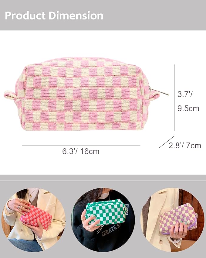 Checkered Makeup Bag for Purse, Small Cosmetic Pouch,Pink Beige,6 Pack